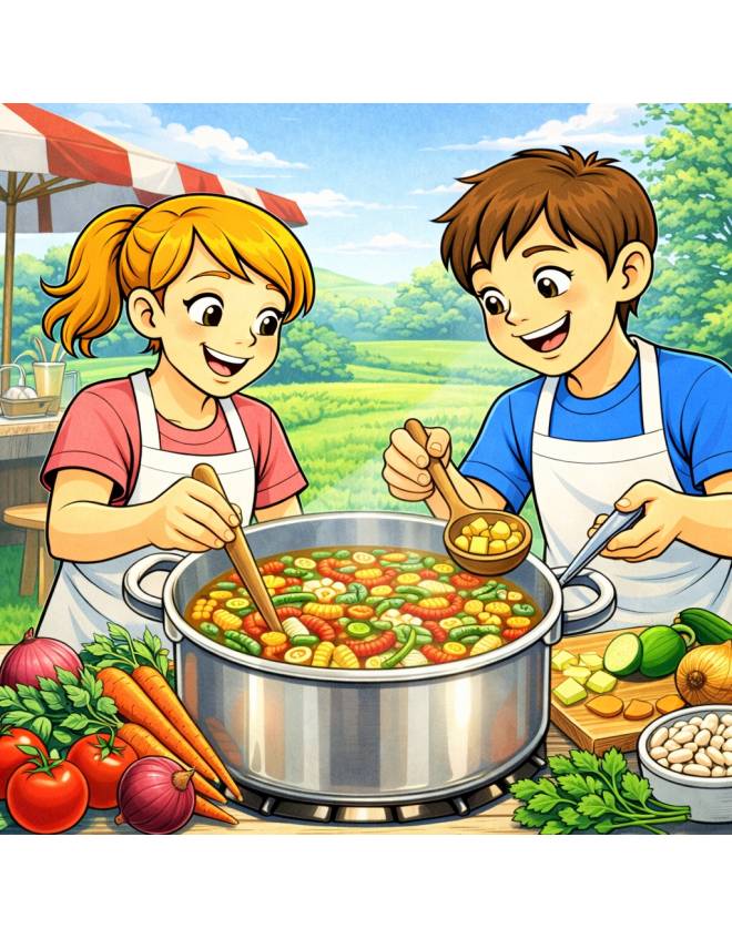 disegno di Coppia che Cucina un Minestrone  a colori