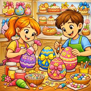 Disegno di Bambini che Decorano Uova Pasquali a colori