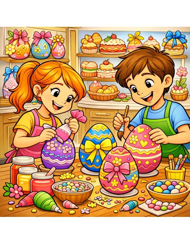 disegno di Bambini che Decorano Uova Pasquali a colori