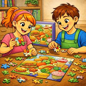 Disegno di Coppia che fa Puzzle di Alimenti  a colori