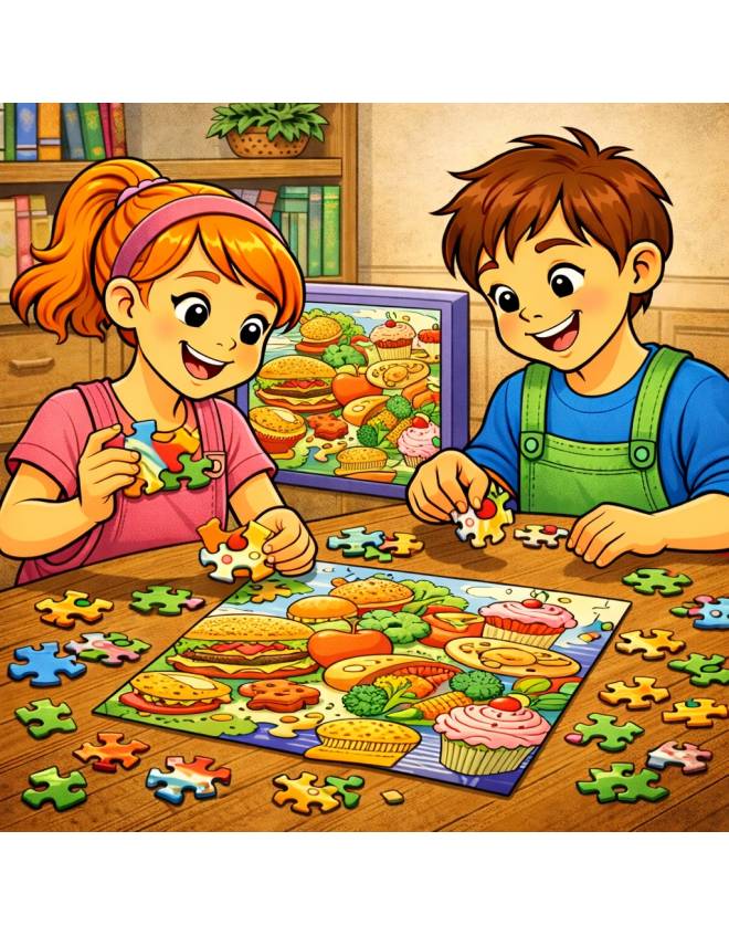 disegno di Coppia che fa Puzzle di Alimenti  a colori