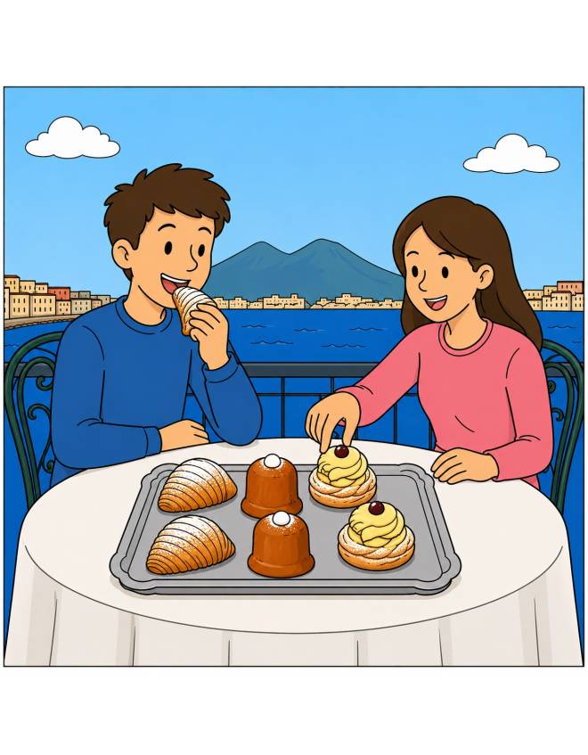 disegno di Coppia che Mangia Dolci Napoletani  a colori
