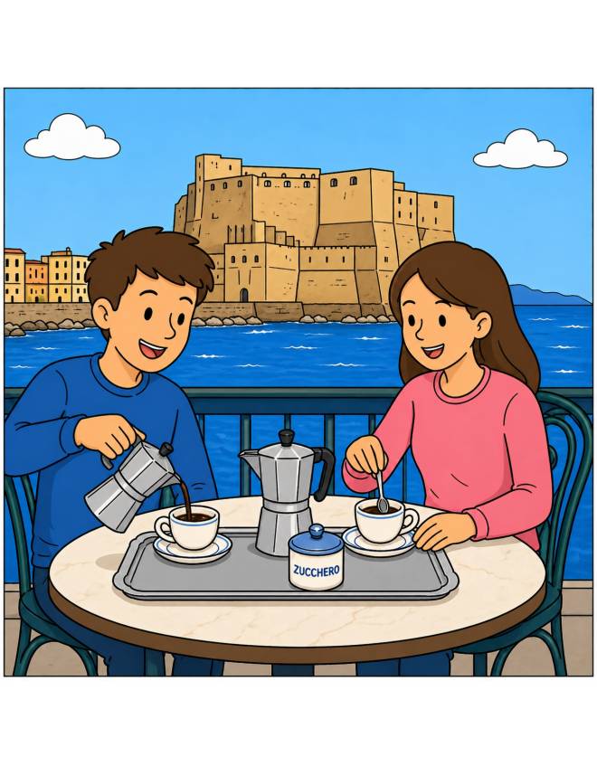 disegno di Coppia Beve Caffè a Napoli a colori