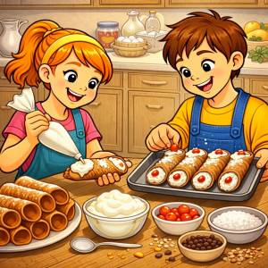 Disegno di Bambini Preparano Cannoli Siciliani  a colori