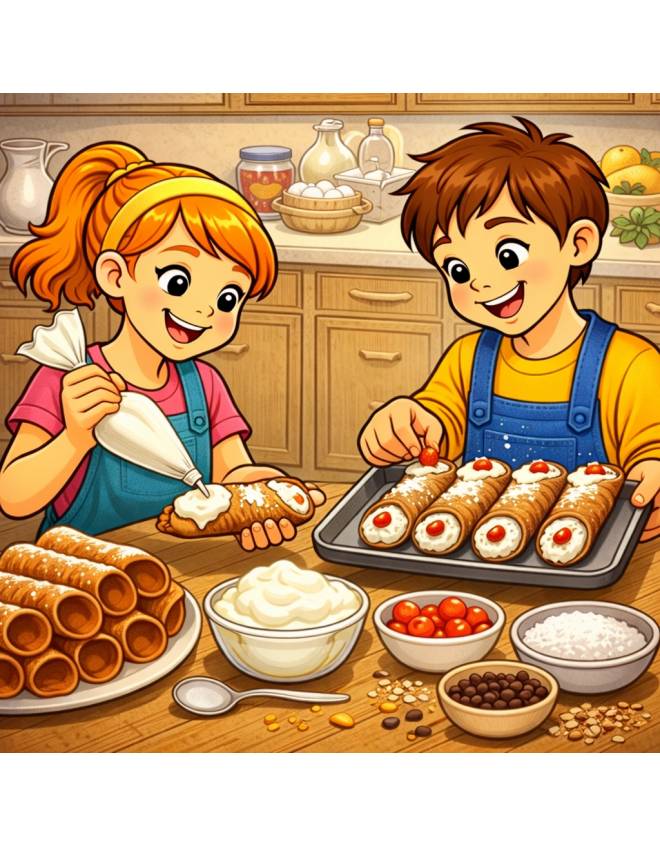 disegno di Bambini Preparano Cannoli Siciliani  a colori