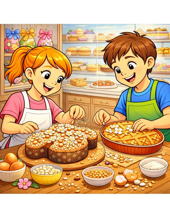 disegno di Bambini Decorano Dolci Pasquali a colori