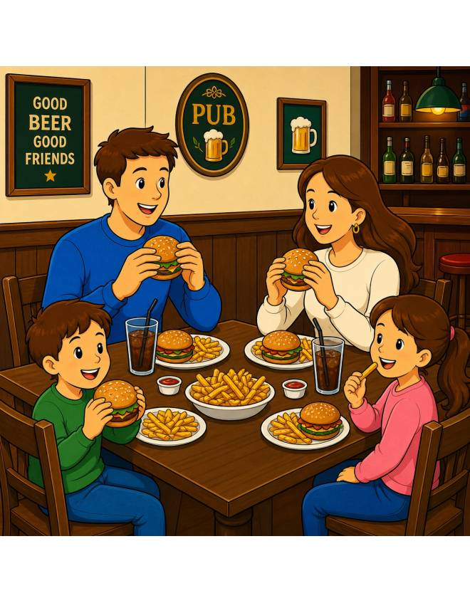 disegno di Famiglia al Pub che Mangia a colori