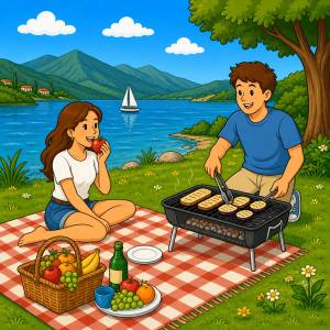 disegno di Picnic al Lago con Brace a colori