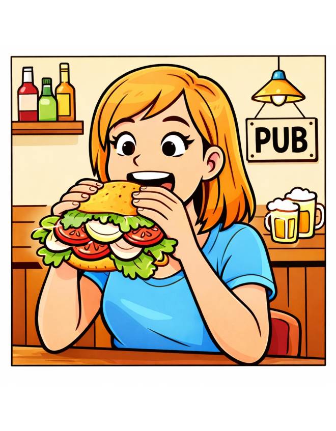 disegno di Ragazza al Pub che Mangia un Panino a colori