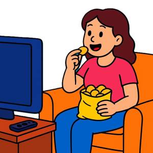 Disegno di Signora che mangia Patatine  a colori