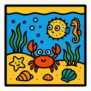 Disegno di Acquario con Granchio, Cavalluccio marino, Conchiglie a colori