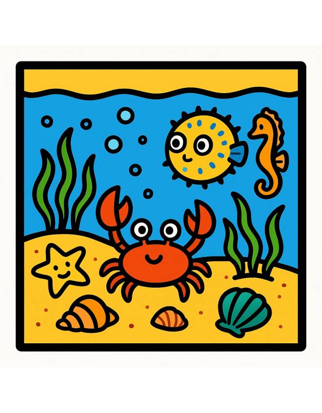 disegno di Acquario con Granchio, Cavalluccio marino, Conchiglie a colori