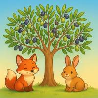 Disegno di Albero di Ulivo con Volpe e Coniglio  a colori