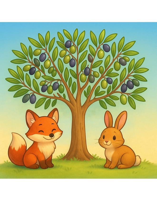 disegno di Albero di Ulivo con Volpe e Coniglio  a colori