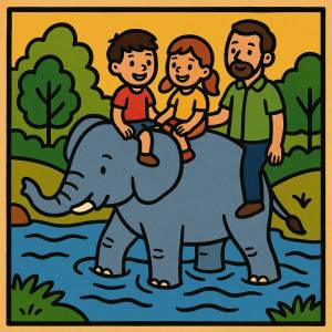 Disegno di Bambini con Papà su Elefante a colori