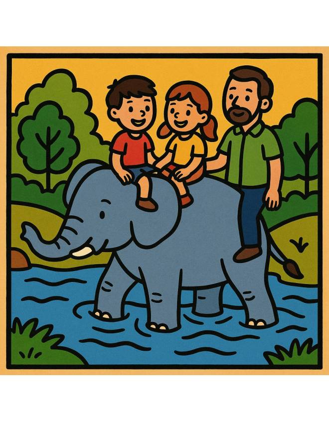disegno di Bambini con Papà su Elefante a colori