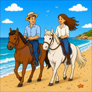 disegno di Coppia Cavalca sulla Spiaggia a colori