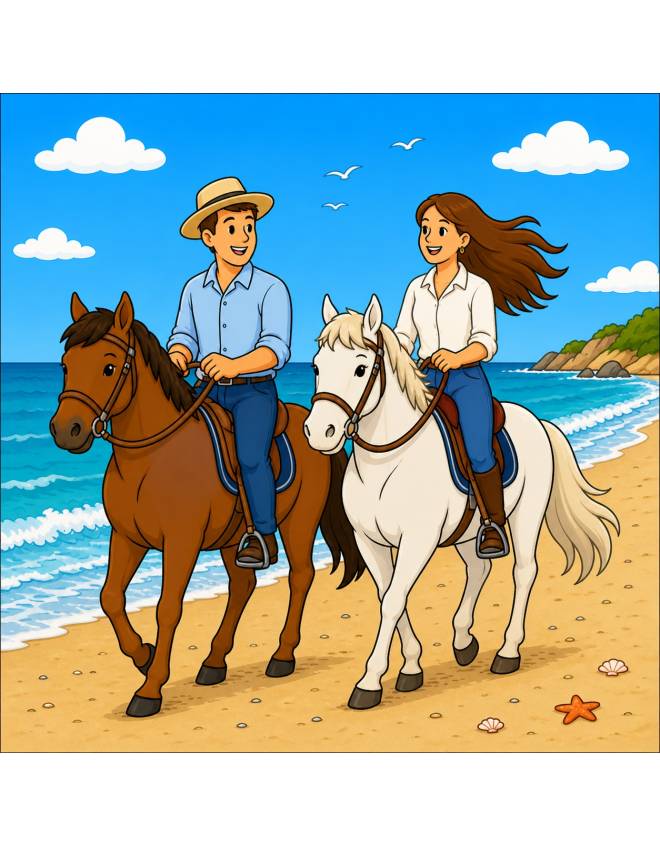 disegno di Coppia Cavalca sulla Spiaggia a colori