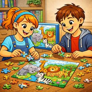 Disegno di Coppia che fa Puzzle di Animali a colori