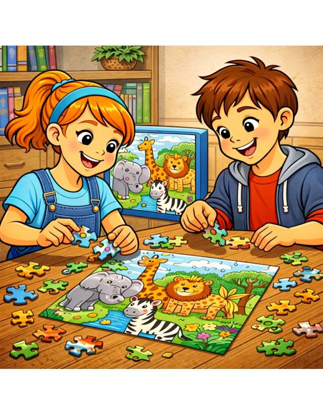 disegno di Coppia che fa Puzzle di Animali a colori