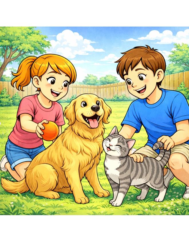 disegno di Coppia che Gioca con Cane e Gatto  a colori