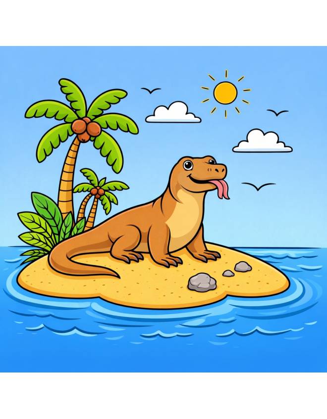 disegno di Drago di Komodo su Isola Deserta a colori