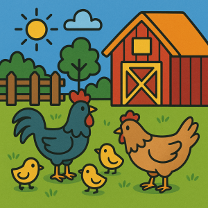 Disegno di Fattoria con Pulcini, Gallo e Gallina a colori