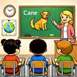 Disegno di Insegnante che spiega la Parola Cane a colori