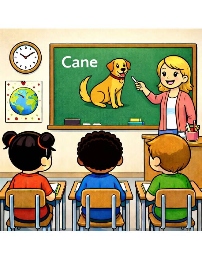 disegno di Insegnante che spiega la Parola Cane a colori