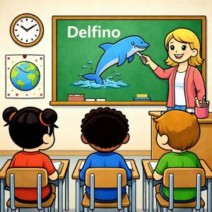 Disegno di Insegnante che spiega la Parola Delfino a colori