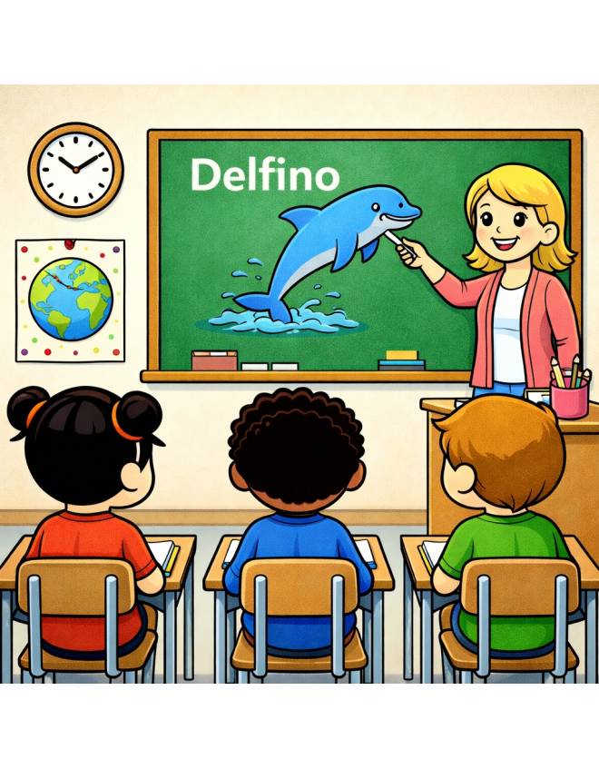 disegno di Insegnante che spiega la Parola Delfino a colori