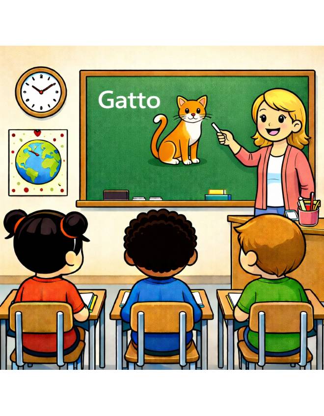 disegno di Insegnante che spiega la Parola Gatto a colori