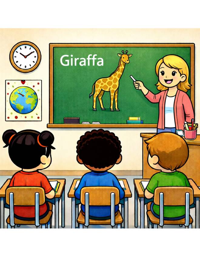 disegno di Insegnante che spiega la Parola Giraffa  a colori