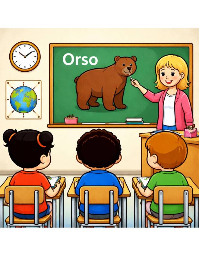 disegno di Insegnante che spiega la Parola Orso a colori