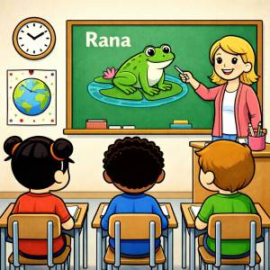 Disegno di Insegnante che spiega la Parola Rana  a colori