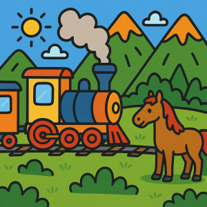 Disegno di Trenino tra le Montagne con un Cavallo a colori