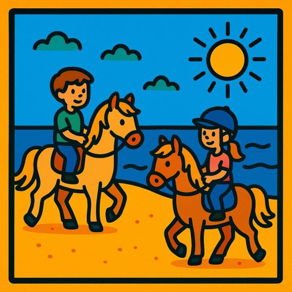 Disegno di Bambini a Cavallo al Mare a colori