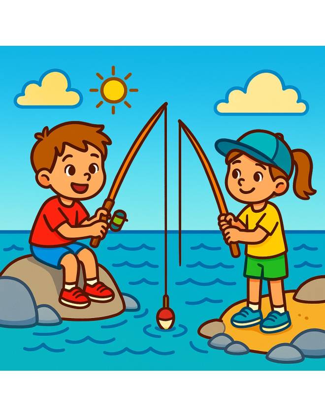disegno di Bambini con Canna da Pesca a colori