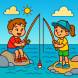 Disegno di Bambini con Canna da Pesca a colori