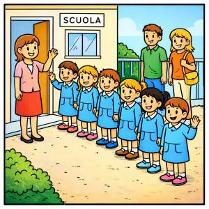 disegno di Maestra Accoglie Bambini A Scuola a colori