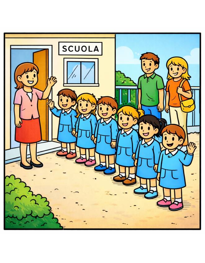 disegno di Maestra Accoglie Bambini A Scuola a colori