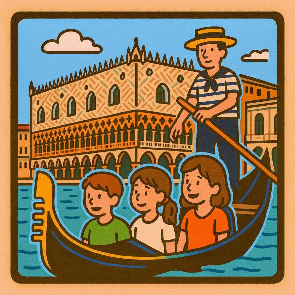 Disegno di Venezia Palazzo Ducale in Gondola a colori