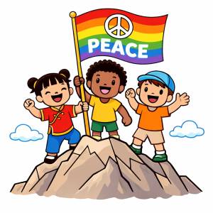 disegno di Bandiera della Pace in Cima alla Montagna  a colori