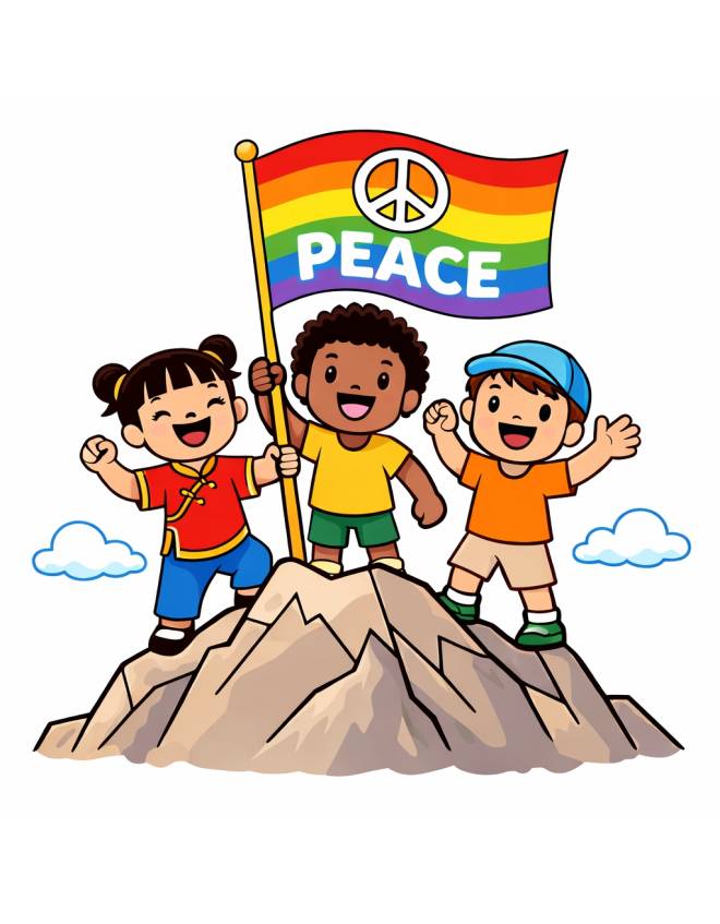 disegno di Bandiera della Pace in Cima alla Montagna  a colori