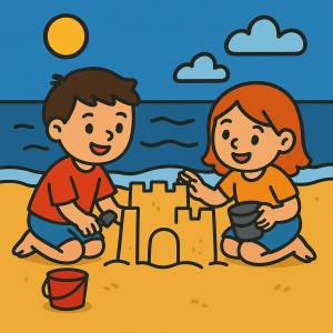 disegno di Bimbo e Bimba in Riva al Mare a colori