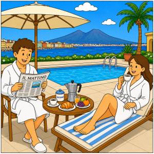 Disegno di Coppia fa Colazione a Bordo Piscina a colori