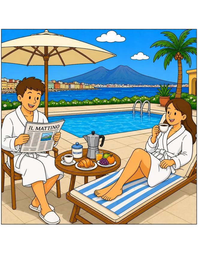 disegno di Coppia fa Colazione a Bordo Piscina a colori
