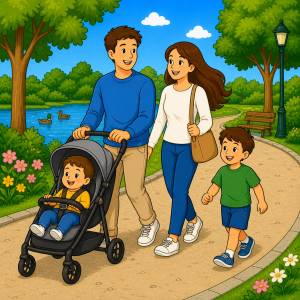 Disegno di Famiglia al Parco con Passeggino  a colori