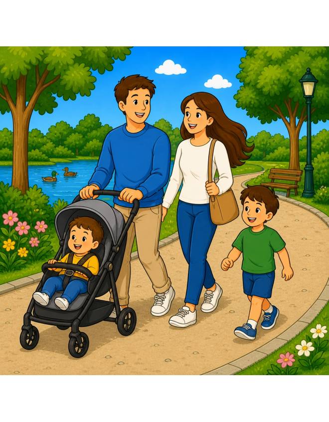disegno di Famiglia al Parco con Passeggino  a colori
