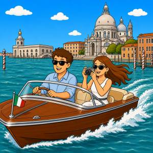 disegno di In motoscafo nella Laguna di Venezia a colori